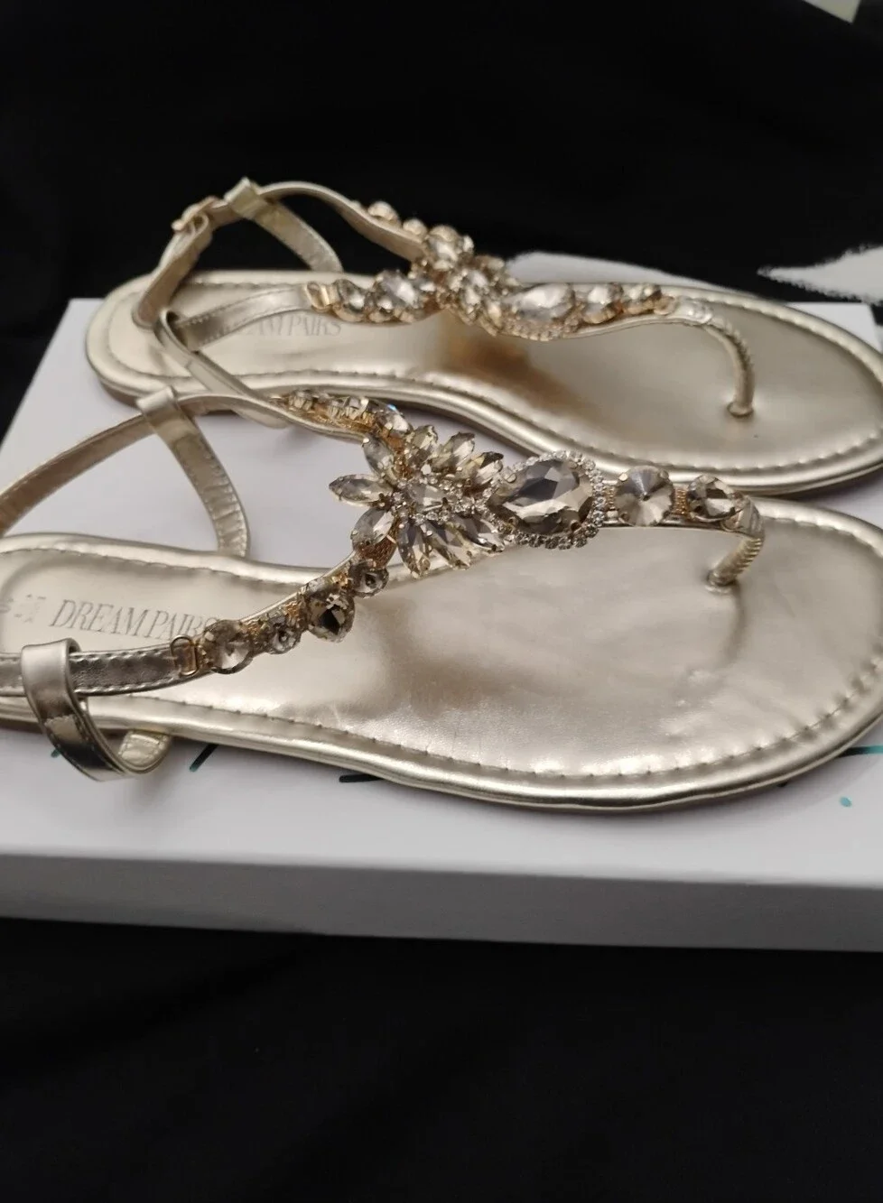 Bejeweled Gold Metallic T Strap Sandals by Dream Pairs Sz 10